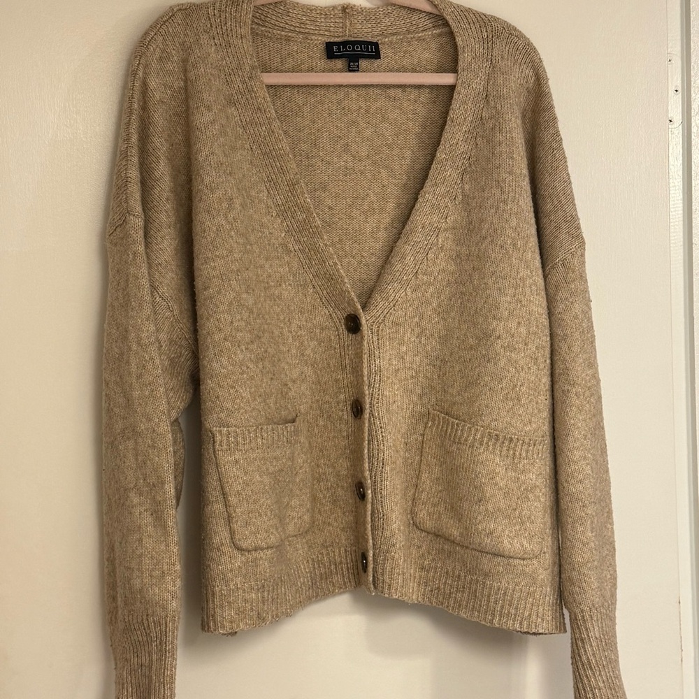 Eloquii Beige Knit Cardigan with Pockets